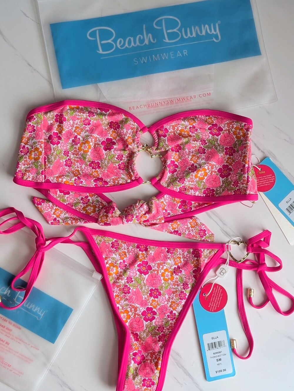 NWT Beach Bunny Ella Floral Bikini Set Pink Bandeau Heart Hardware Small - Picture 2 of 10